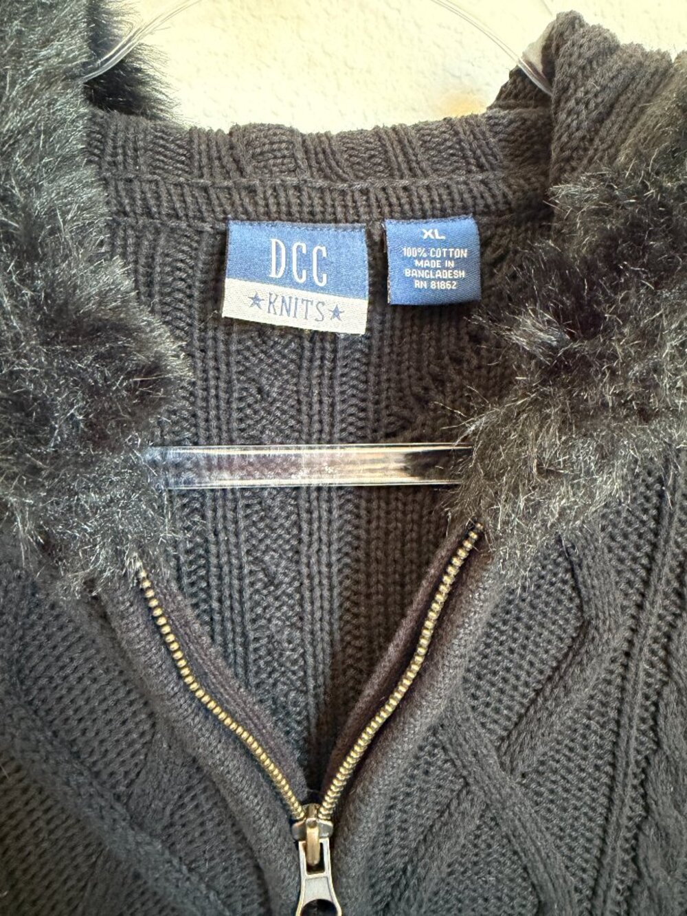 Vintage Y2K DCC Knits Black Cable Knit Hooded Sweater Faux Fur Trim Zip Jacket M - Picture 4 of 6